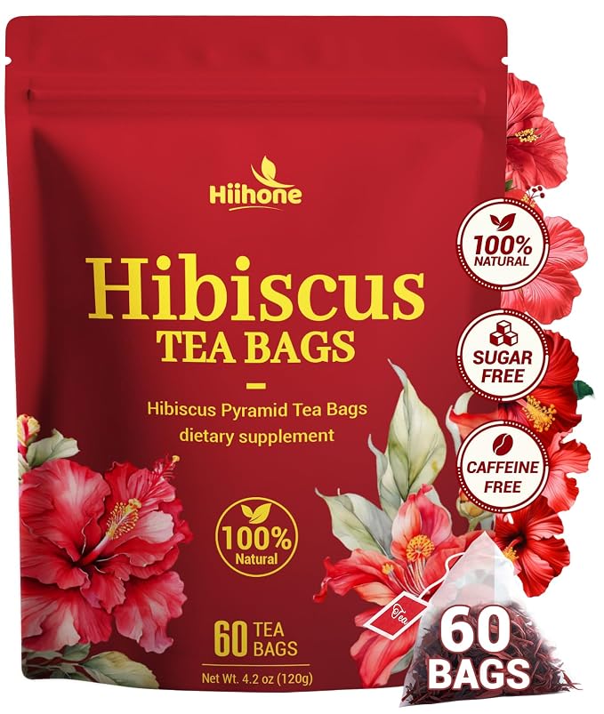 Hibiscus Tea Bags, Hibiscus Flower Herbal Tea - Rich in Vitamin C, Caffeine Free,Sugar Free, 60 Teabags