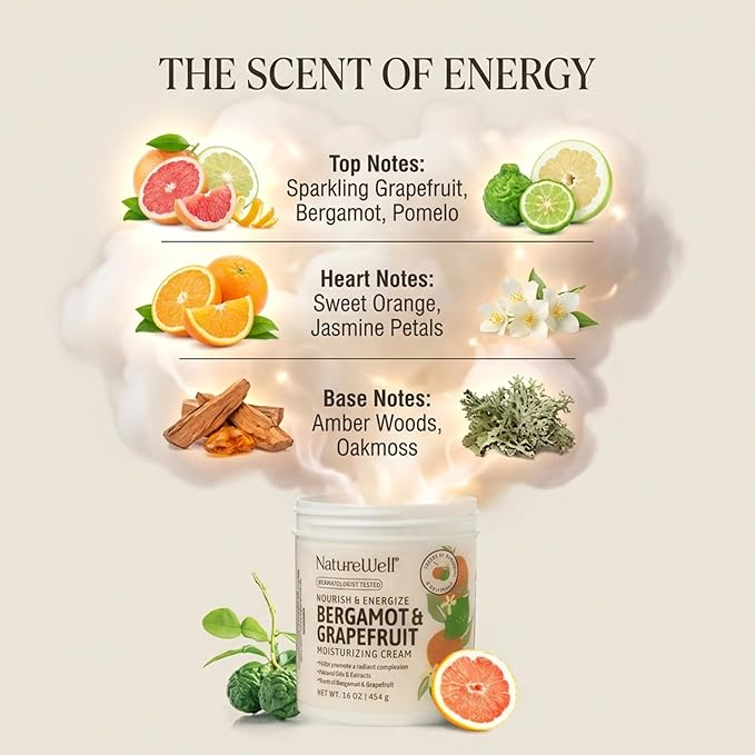 NATURE WELL Bergamot & Grapefruit Nourish & Energize Moisturizing Body Cream for Dry Skin, Infused with Natural Oils & Extracts, Non-Greasy, Lightweight, Helps Promote a Radiant Complexion, 16 Oz