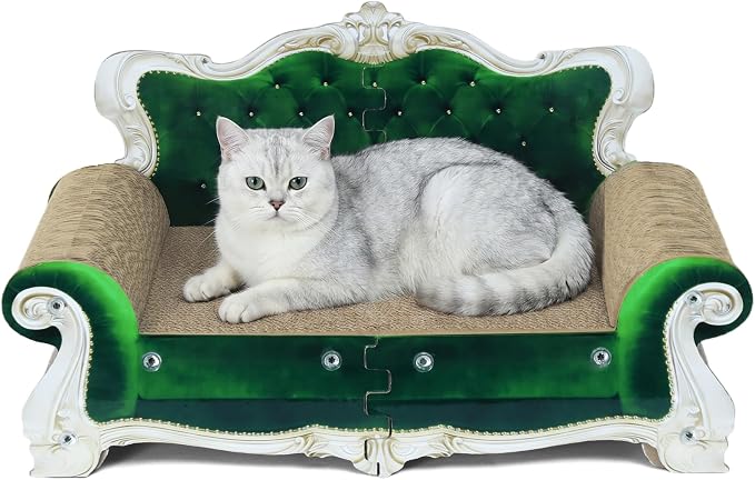 Luxury Cardboard Cat Scratcher Sofa Bed, Couch Shaped Cat Scratching Board, Cat Scratch Lounge with Catnip, Cat Scratcher for Indoor Cats (Green Crown)