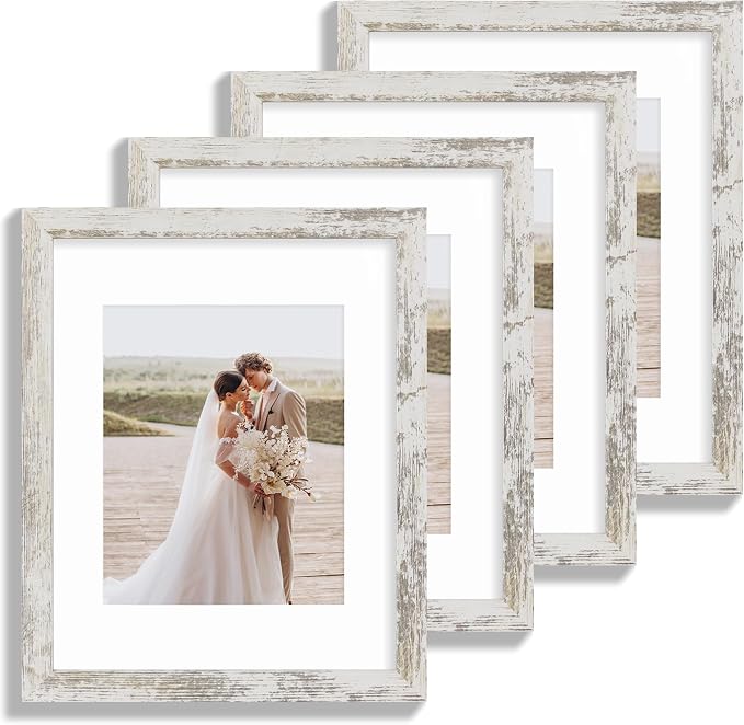 Hongkee 11x14 Picture Frame Set of 4, Made of Glass and Distressed White Wooden Frame, Display 8x10 Pictures with Mat or 11 x 14 Posters without Mat for Wall Mounting, Gallery Photo Frames