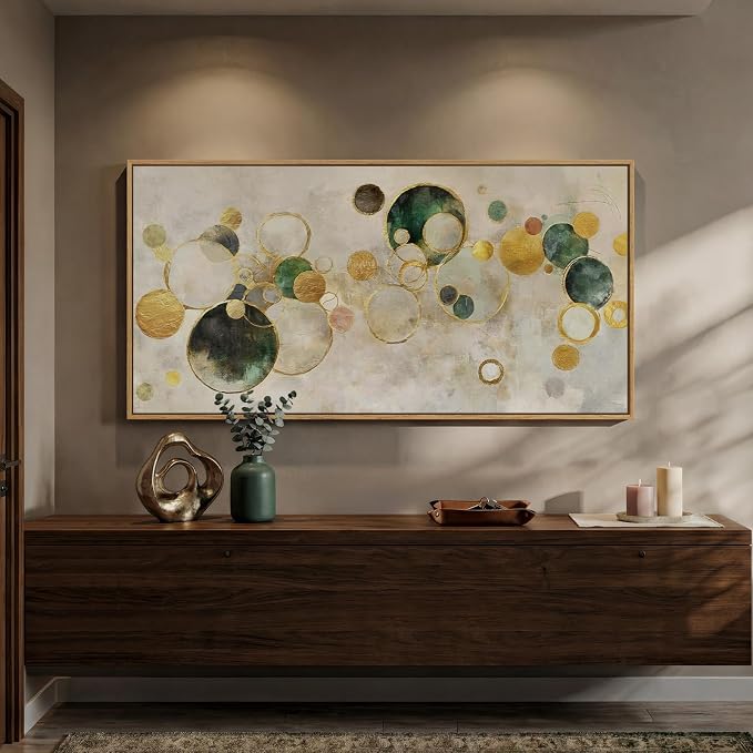 Extra Large Framed Abstract Wall Art for Living Room, Oversized Horizontal Green Canvas Prints Paintings Artwork for Walls, Modern Gold Circle Pictures Wall Decor for Bedroom Dining Office, 36x72 In