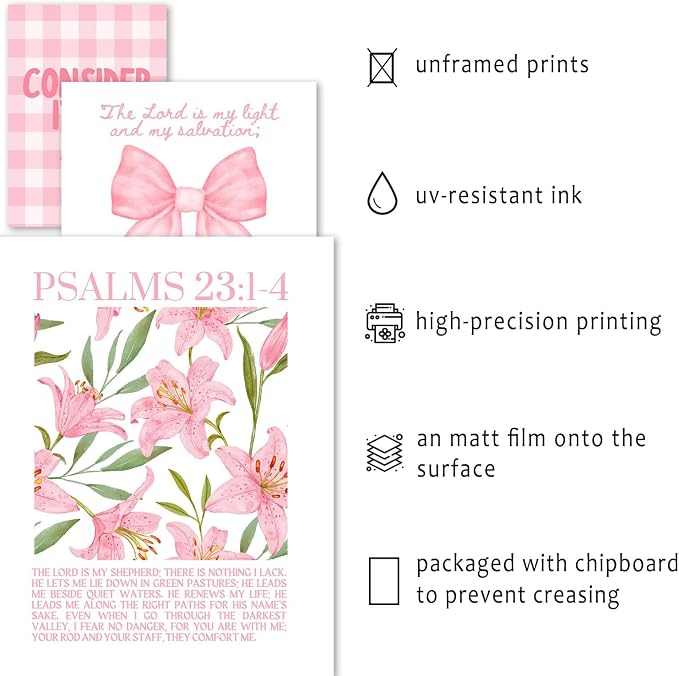 ANERZA 16 PCS Christian Coquette Wall Art Decor, Pink Bow Bible Verses Gallery Wall Prints for Bedroom Nursery, Jesus Posters for Living Room Aesthetic, Scripture Preppy Dorm Collage Kit for Girls Kids