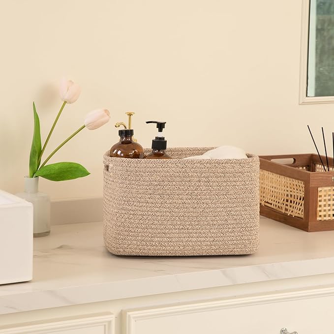 OIAHOMY 4 Pack Storage Baskets for Organizing, Cube Storage Bins for Shelves, Rectangle Storage Baskets With Handles, Woven Baskets for Storage, 16''Lx12''Wx8''H, Brown