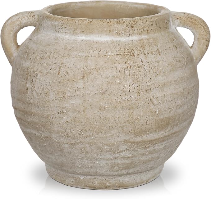 Briful Rustic Farmhouse Vase with Handles, 7.4" Ceramic Vases for Tabletop | Beige Pottery Distressed Antique Earthenware for Modern Farmhouse, Kitchen Counter Shelves Coffee Entryway Centerpiece