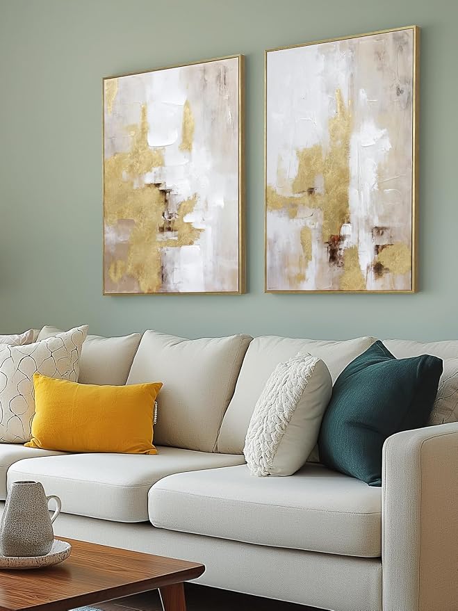 Zessonic Gold and Beige Abstract 3D Textured Foil Wall Art, 20"x28"x2 | Framed Abstract Prints wall decor with Hand-Painted Texture–Neutral Tone Artwork for Living Room Bedroom Office Hallway Decor