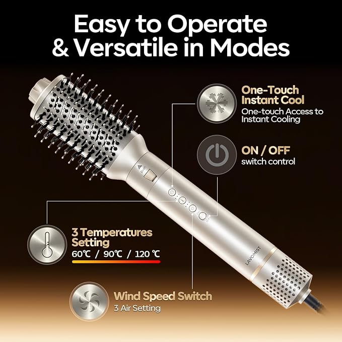 Lavomist 8-in-1 Dual Voltage Hot Air Styler & Hair Dryer Brush for Fast Drying, Frizz-Free Styling, with Straightener & Curler, 110,000 RPM, Includes Travel Bag