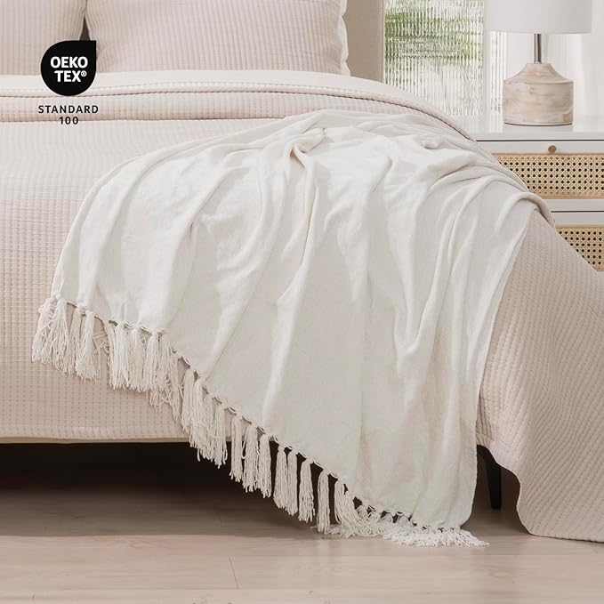 RECYCO Chenille Throw Blanket for Couch, 60"x80", Ivory White | Super Soft Knit Throw Blanket with Fringe Tassels, Lightweight Knitted Throw, Cozy, Ideal for Sofa Chair Bed Living Room Gift