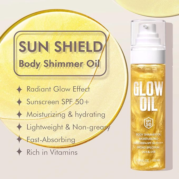 Body Glow Oil, Broad Spectrum SPF 50, Glitter Shimmer Sunscreen Body Oil Lotion with Sequin Mica, Lightweight Non-Sticky Moisturizer with Coconut, Skin Illuminator Glowing Results (03# Gold)