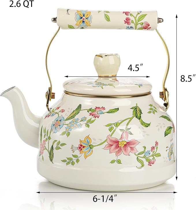 Jucoan 2.6 Quart Vintage Enamel Tea Kettle, Green Floral Stovetop Water Kettle Teapot with Porcelain Handle for Home Kitchen Camping Tea Party, Gift for Bridal Shower Wedding Housewarming Mother's Day