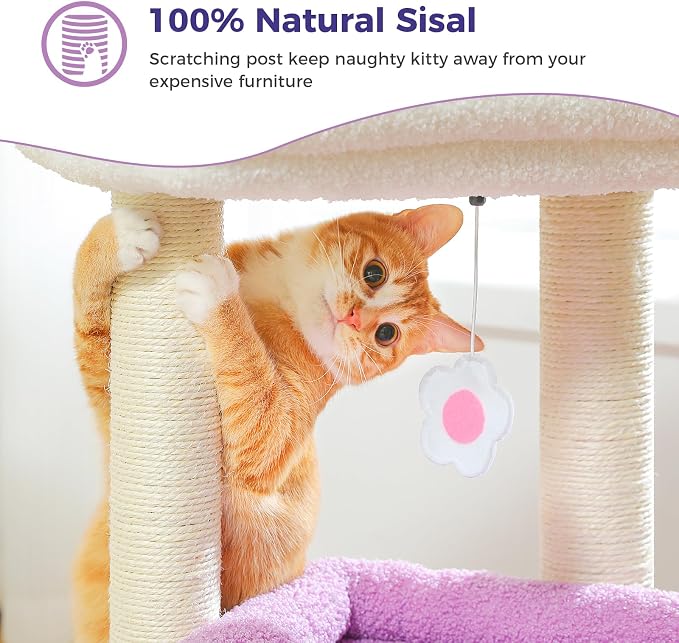 PEQULTI Indoor Cat Tree Tower Small Cats, Sisal Post & Cozy Condo, Purple | Private soft cat condo, soft top perch, natural sisal scratch posts, plush pom-pom toy for indoor kitties
