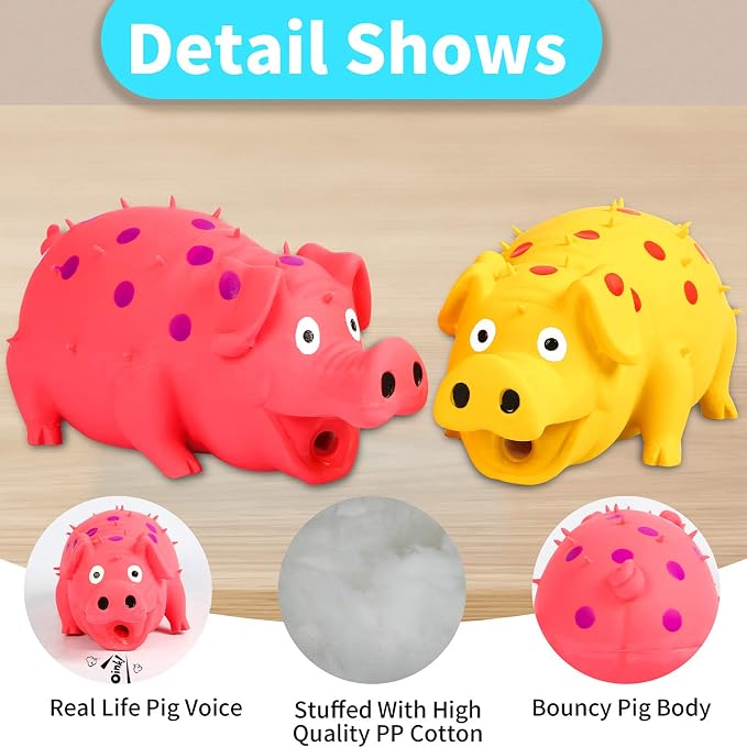 2-Pack Squeaky Pig Dog Toys - Durable Rubber Chew Toys with Oinking & Grunting Sounds for Small, Medium & Large Dogs - Interactive Latex Puppy Toy Set