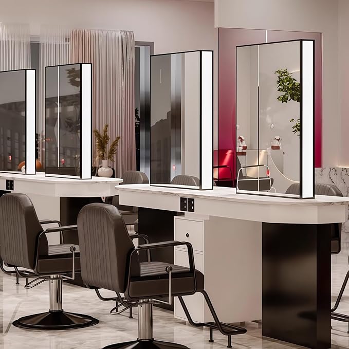 4-Person Salon Station for Hair Stylist with Sleek Modern Glossy Black Design, Barber Station includes LED Mirror, Spacious Countertop, Drawer & Cabinet