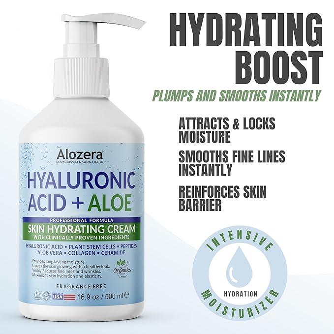 Alozera Hydrating Body Lotion, Hyaluronic Acid & Aloe Vera Body Moisturizer, Lightweight & Fast Absorbing Lotion for Dry Skin, Refreshing Hydration, No Added Fragrance, 16.9 oz (Pack of 2)
