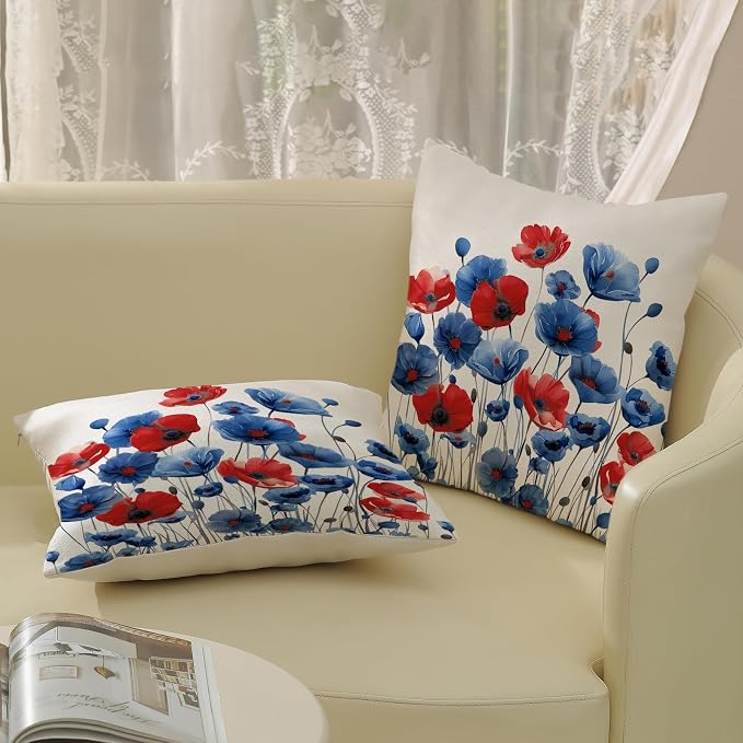 Spring Floral Pillow Covers 18x18 Set of 2 Blue Red Flower Decorative Throw Pillow Covers Decoration Summer Seasonal Pillowcase Farmhouse Decorative Cushion Cover for Home Sofa Outdoor Decorr