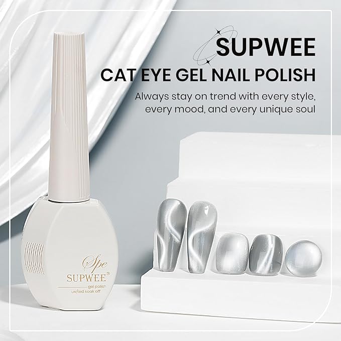 Silver Cat Eye Gel Nail Polish, Glitter Holographic Gel Polish with Magnet Moonlight Jelly Glass Magnetic Gel Polish Soak Off U V Gel Salon DIY at Home,15ml/ 0.5 OZ