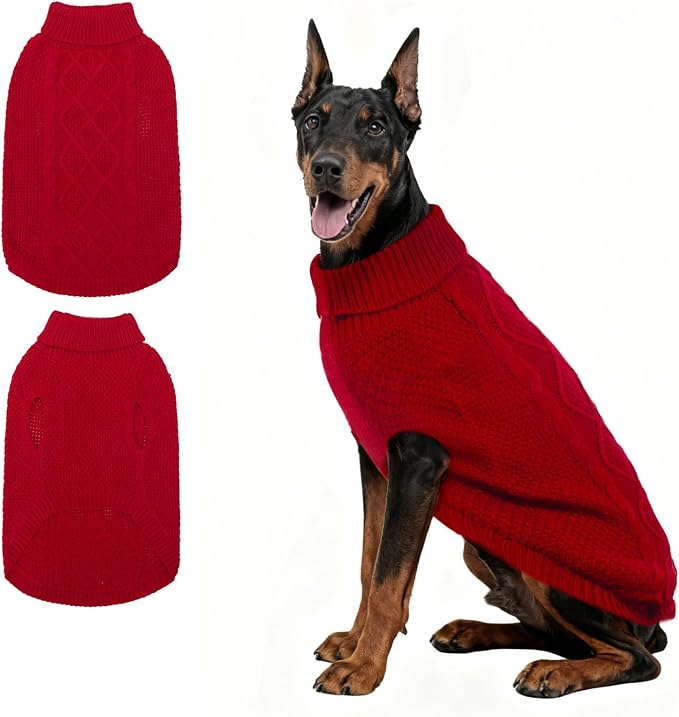 Mihachi Turtleneck Dog Sweater - Winter Coat Apparel Classic Cable Knit Clothes with Leash Hole for Cold Weather, Ideal Gift for Pet in New Year Red 3XL