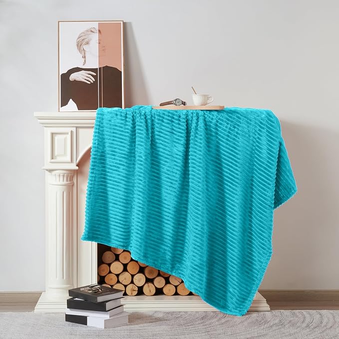Vessia Flannel Fleece Throw Blanket for Couch,Sofa,Bed, 300GSM Striped Teal Blanket for Adults and Kids, Super Soft Warm Cozy Lightweight Ribbed Throw for All-Season