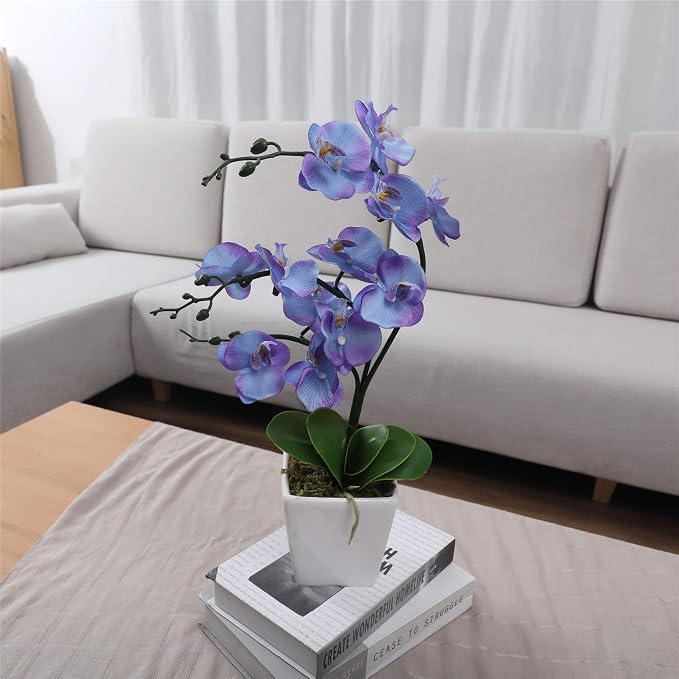 15" Silk Phalaenopsis Orchid in Square Pot, Purple Blue Flower Arrangements | Lifelike Faux Potted Blooms with Moss in a Ceramic Planter. Looks Real, Zero Upkeep, Ideal Centerpiece for Any Table