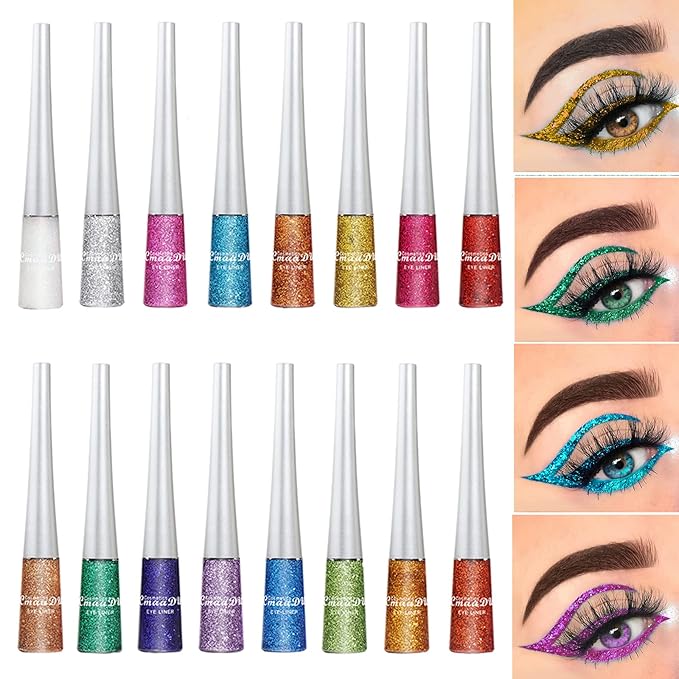 BONNIE CHOICE 16 Colors Glitter Eyeliner Liquid Set, Metallic Glitter Liquid Eyeshadow, Waterproof Long Lasting White Silver Rose Gold Pink Colorful Rainbow Eyeliners Valentine's Day Gifts for Women