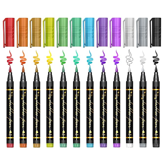 Temporary Tattoo Markers for Skin, 12 Metal Body Markers + 169 Tattoo Stencils for Kids Adults, Flexible Brush Tip, Bright Colors, Cosmetic-Grade Tattoo Ink, Halloween Costume Party Face Makeup