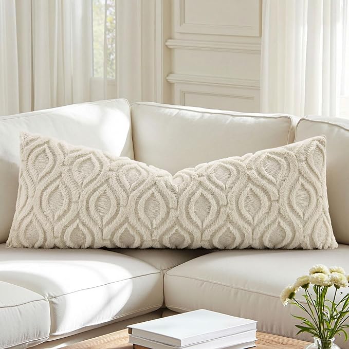 decorUhome Fall Lumbar Plush Soft Beige Throw Pillow Cover 14x36 | Wool Solid Fall Couch Pillow Cover, Accent Modern Farmhouse Neutral Decorative Square Pillow Case for Sofa Bed Living Room