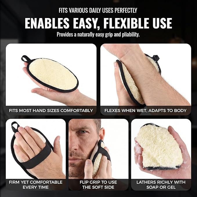 RIYNIBIY Natural Loofah for Men, 2PCS Black & White Set Egyptian Luffa Body Scrubber for Shower & Bath, Quick-Drying Exfoliating Sponge Pad for Men's Hygiene & Body Care - Travel Essentials & Gym Tool