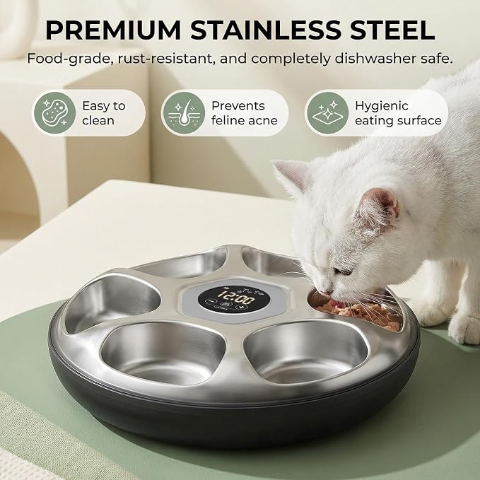 Ownpets 6 Meals Automatic Cat Feeder for Wet/Dry Food, with 2 Ice Packs, Programmable Timed Pet Feeder, Cordless Rechargeable Battery Auto Feeder for Cats/Small Dogs (Black)