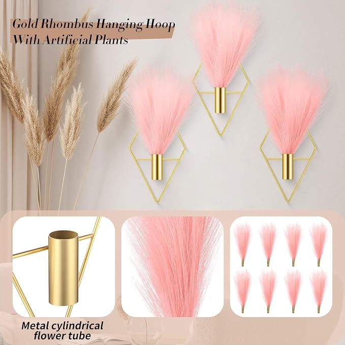 Hanaive 4 Sets Boho Wall Decor Metal Wall Art Hanging Planters with Artificial Pampas Display Modern Home Vase for Bedroom Home Office(Sweet,Gold, Pink)