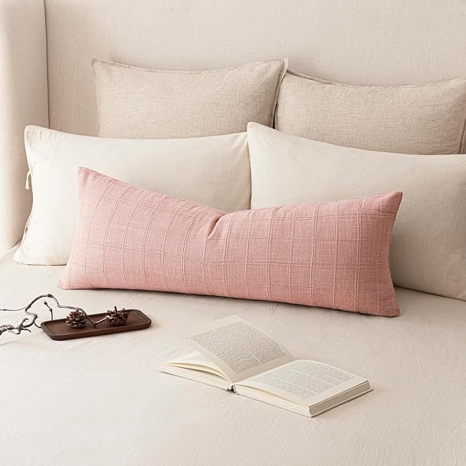 Foindtower Set of 2 Decorative Linen Check Throw Pillow Covers Neutral Farmhouse Vintage Cushion Covers Cozy Modern Boho Accent Home Decor for Sofa Chair Couch Bed Living Room,14×36 Inch,Light Pink