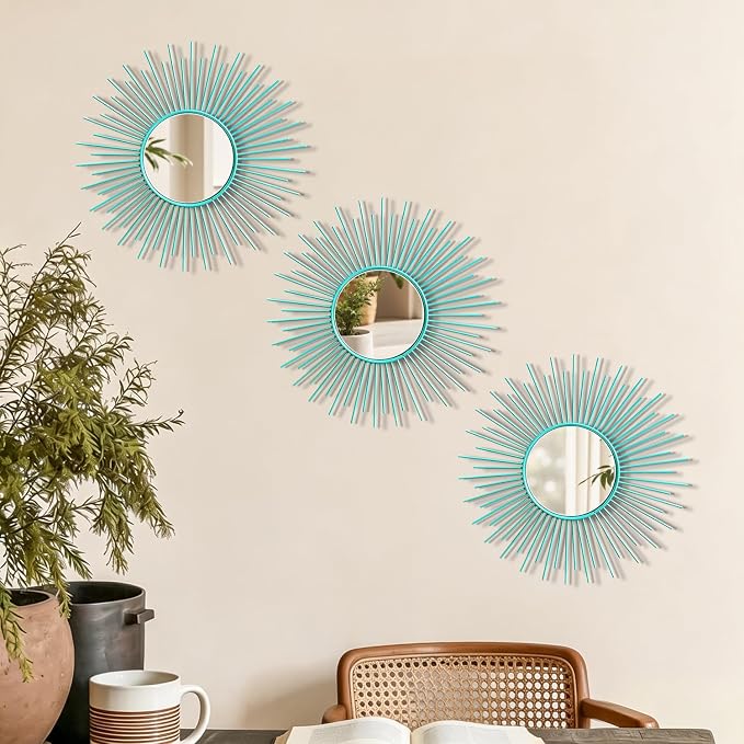 3 Pack Metal Mirrors for Wall Sunburst Wall Mirrors Home Décor Decorative Hanging Wall Art for Living Room Bedroom Entryway (Greenish Blue, Sunburst)