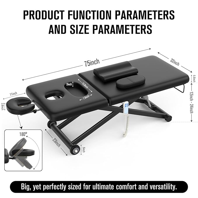 pouseayar Heavy Duty Electric Massage Table, 32" x 75" Black, Electric Lift & Backrest, 2 Motor Adjustable, Supports Up to 1000 lbs