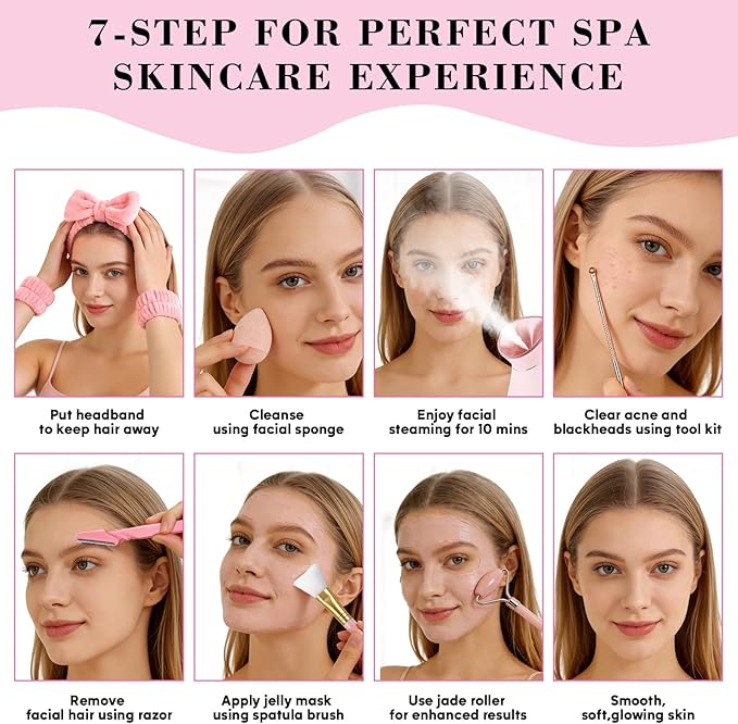 Pjordo Facial Steamer Spa Kit, 12 Skin Care Tools & 5 Jelly Mask Powder, Nano Ionic Steamer for Facial Deep Cleaning Unclog Pores Sinuses, Warm Mist Humidifier for Home SPA, Valentines Gifts for Women