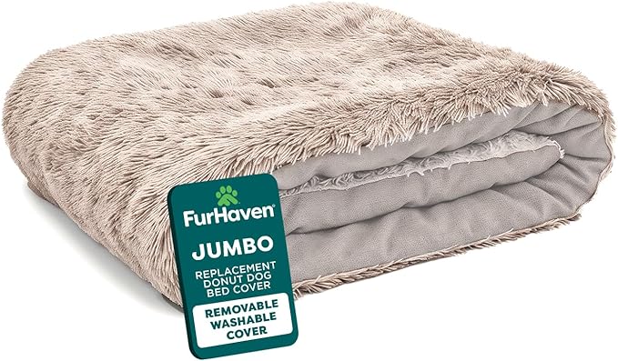 FurHaven Replacement Dog Bed Cover, Long Faux Fur for Calming Cuddlers, Machine Washable, Customizable Filling, Jumbo XL, Faux Fur, Taupe