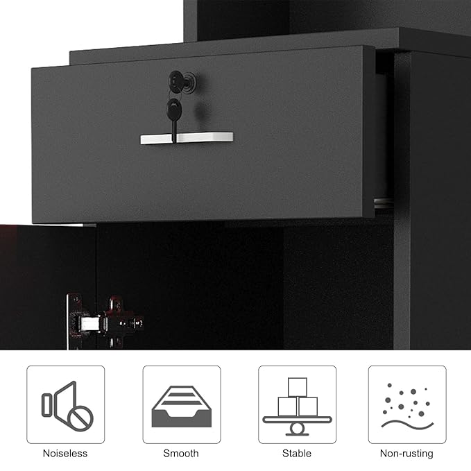 Paddie Wall Mount Salon Stations for Hair Stylist, Hair Salon Storage Cabinet Beauty Barber Stations w/Lockable Drawers/Storage Cabinet, 13.4" L x 70.1" H(Black2)