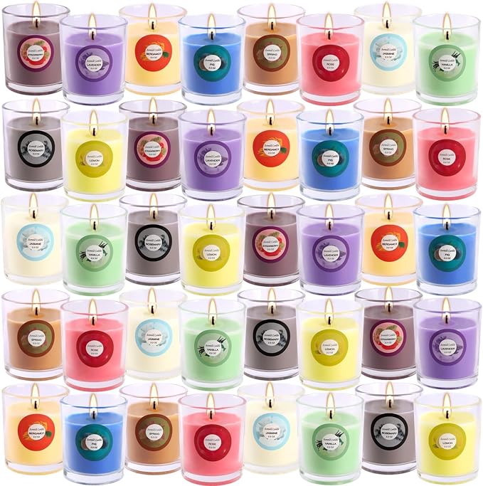 Pliadvbu Set of 40 Scented Candle with 10 Fragrances, Soy Wax Aromatherapy Strong Scented Candle in Glass Jar for Women Home Decor