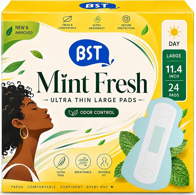 BST Mint Fresh Pads for Women, Breathable Thin Sanitary Napkins with Wings, Odor Control & All-Day Freshness, Heavy Absorbency, Feminine Care, Active Lifestyle Use（Large, 24 Count, Packaging May Vary）