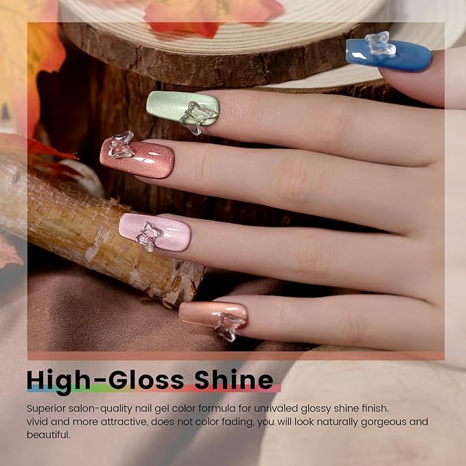 RARJSM Ceramic Cat Eye Gel Nail Polish Set 6 Pcs Smoothie Silver Glitter Shimmer Amber Jelly Sheer Green Blue Orange Wine Red Velvet Cateye Gel Polish with Magnetic Stick UV LED Curing Require Winter