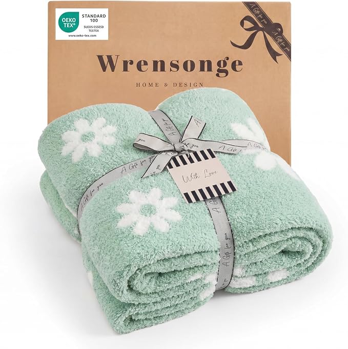 Soft Throw Blanket for Couch-Cozy Reversible Knitted Blankets | Lightweight Warm Fluffy Decor for Women, Mom, Her & Girls, Sofa, Chair, Bed, 50x70in,Daisy Floral Green