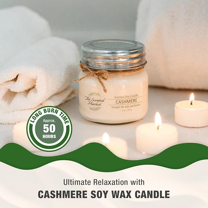 The Scented Market Aromatherapy Soy Wax Candle Cashmere 8 oz Mason Jar, Over 50 Hours of Burn Time, Ideal for Home Decor and Gifts