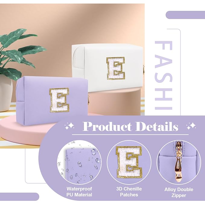 Personalized Makeup Bag Initial A-Z Preppy Patch Bag,Small PU Leather Travel Cosmetic Bag Pouch with Zipper,Purple Cute Toiletry Bag,Gift Ideal for Teen Girls Women Birthday Friend Mom,Latter E
