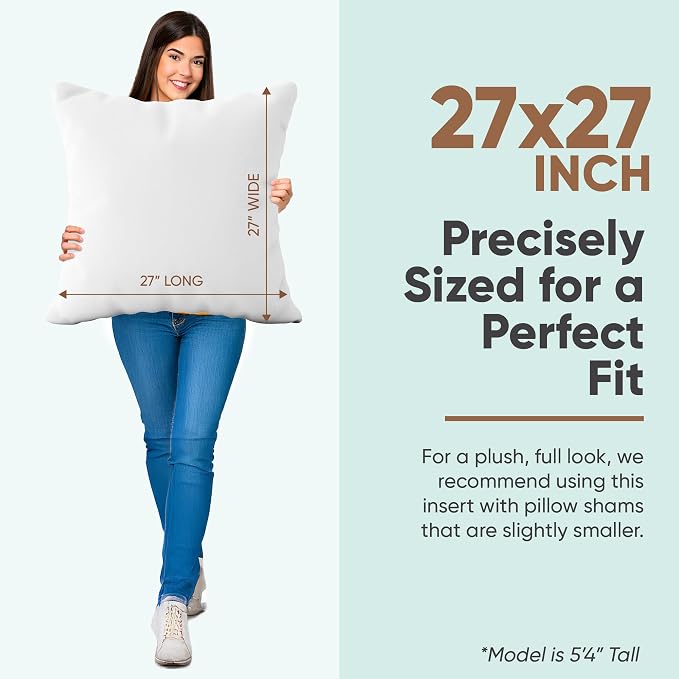 Pillowflex Synthetic Down Pillow Insert 27x27 in - Karate Chop Pillow | Large Square Euro Sham Form, Plush Polyester Cotton Blend, Cloud-Like Comfort, Clump-Resistant Fill, Smooth Elegant Finish