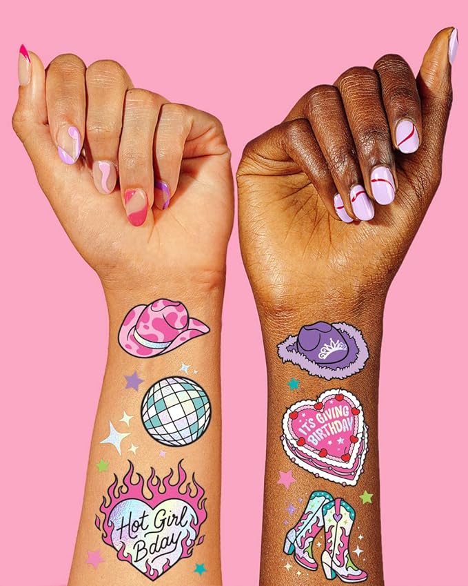 xo Fetti Birthday Decorations Temporary Tattoos - 44 pcs | Fun Bday Girl Party, Older, Wiser, Hotter, HBD, Disco Cowgirl, Hot Girl Bday