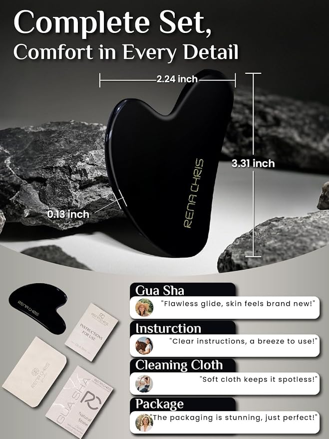 Rena Chris Gua Sha Facial Tools: Natural Obsidian Guasha Tool for Face Acupuncture Therapy, Facial Massager for Jawline Sculpting and Puffiness Reducing (Black)