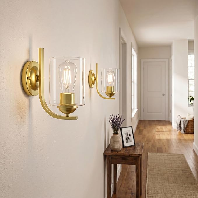 2-Pack Wall Sconces Lights Lamp for Bedroom Bathroom, Modern Vanity Light Fixtures, Gold Farmhouse Wall Mount Lighting Lanterns with Clear Glass Shade for Living Room Mirror Hallway Kitchen