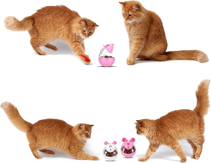 Lightbox Cat Food Ball Dispenser - 4 Pcs Slow Feeder Mice Shaped Tumbler Toy for Interactive Training (Pink, White)