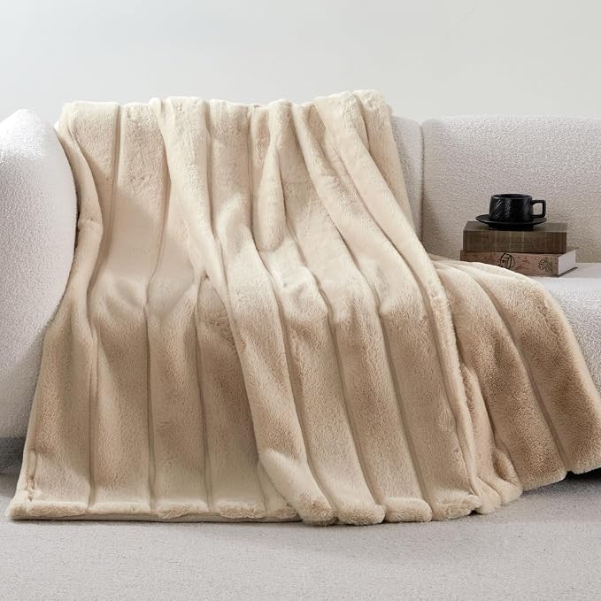 Cozy Bliss Deluxe Sheared Rabbit Faux Fur Throw Blanket, Soft Fuzzy High-Low Sculpted Plush Blanket for Couch, Cozy Home Accent, All Season Use, Khaki 50"x60"
