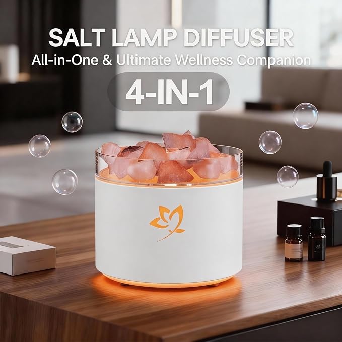 4-in-1 Ultrasonic Crystal Salt Stone Aromatherapy Diffuser & Humidifier - 7-Color LED Dreamy Flame Light, Auto Shut-Off, 2 Modes | Home/Office/Yoga (White)