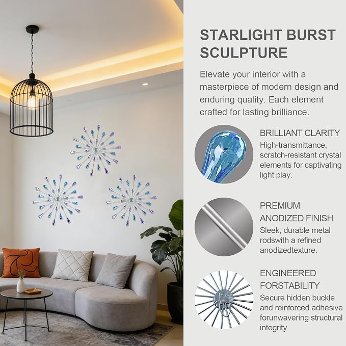 ZEXUIRU 3 Set Silver Starburst Wall Art for Home Decor Metal Bling Crystal Rhinestones Sunburst Wall Decor Sparkling Rhinestone Art Accent Silver - 13in