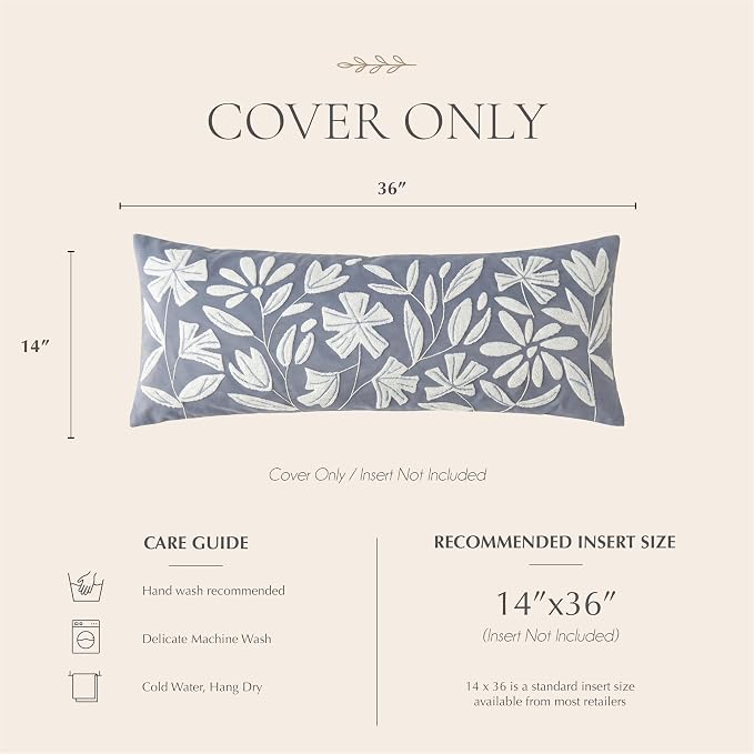 Long Lumbar Pillow Cover 14x36 for Bed, Coastal Dusty Blue Floral Tufted Velvet Accent Oversize Throw Pillowcase for Bedroom, Cover Only