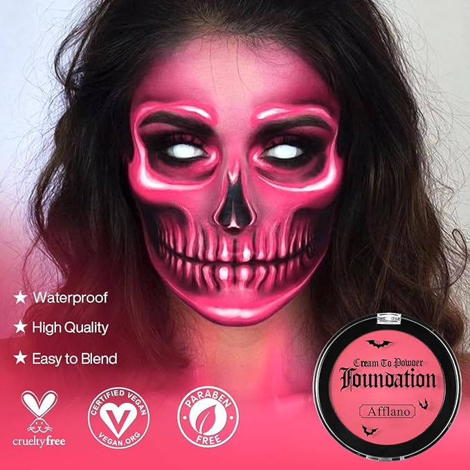 Pink Face Body Paint Cream to Powder Foundation Makeup, Pro Multi-Use Face Painting & Cream Blush for Pink Halloween FX Makeup, Non Toxic Washable Long Last Facepaint for Skull, Goth, Parties, Cosplay